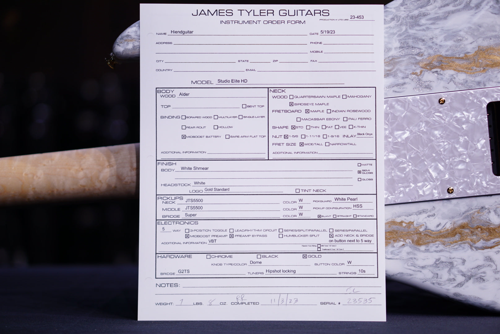 James Tyler Studio Elite HD White Shmear finish birdseye neck23540 - HIENDGUITAR James Tyler GUITAR