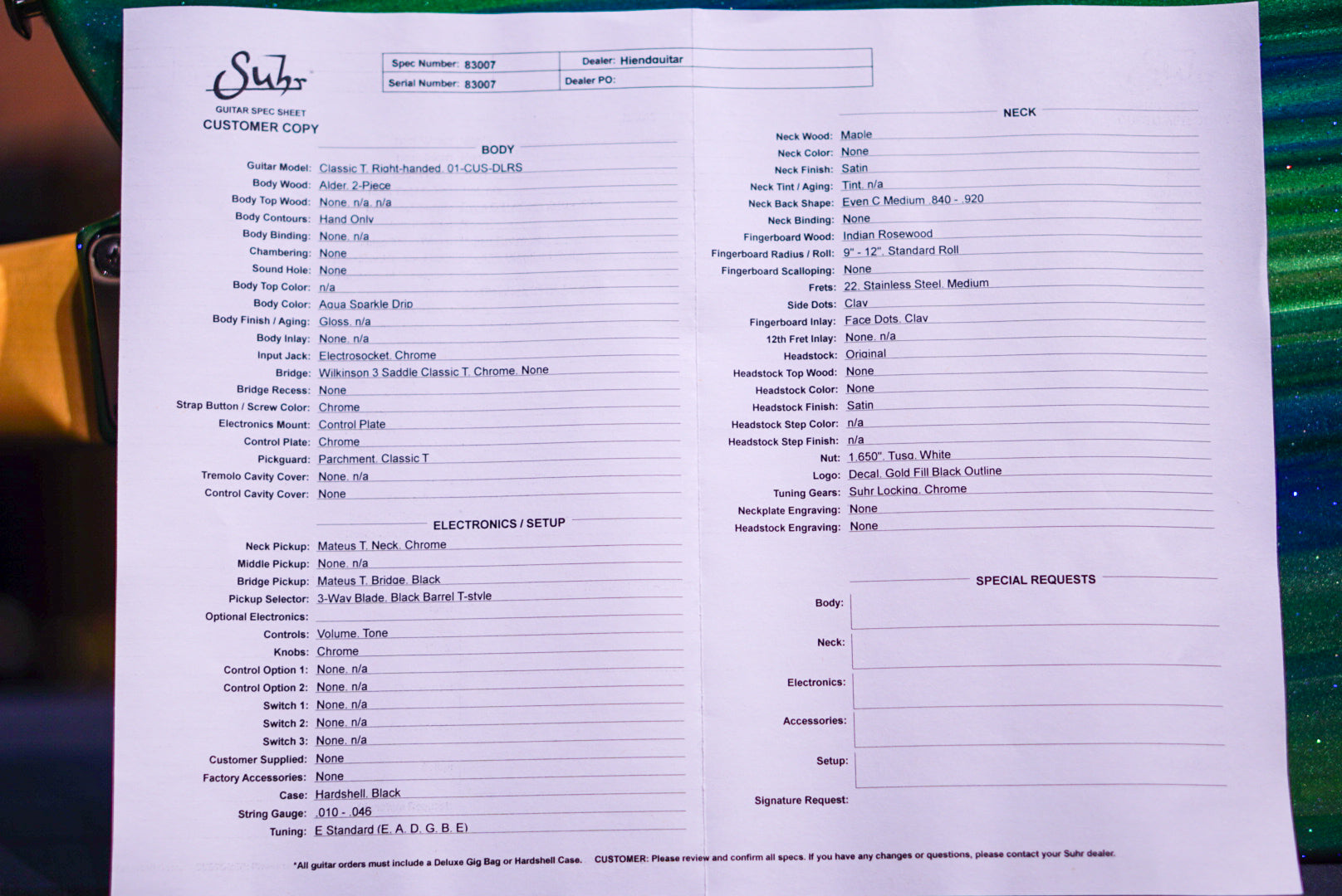 Suhr Classic T Custom Aqua sparkle drip 83007