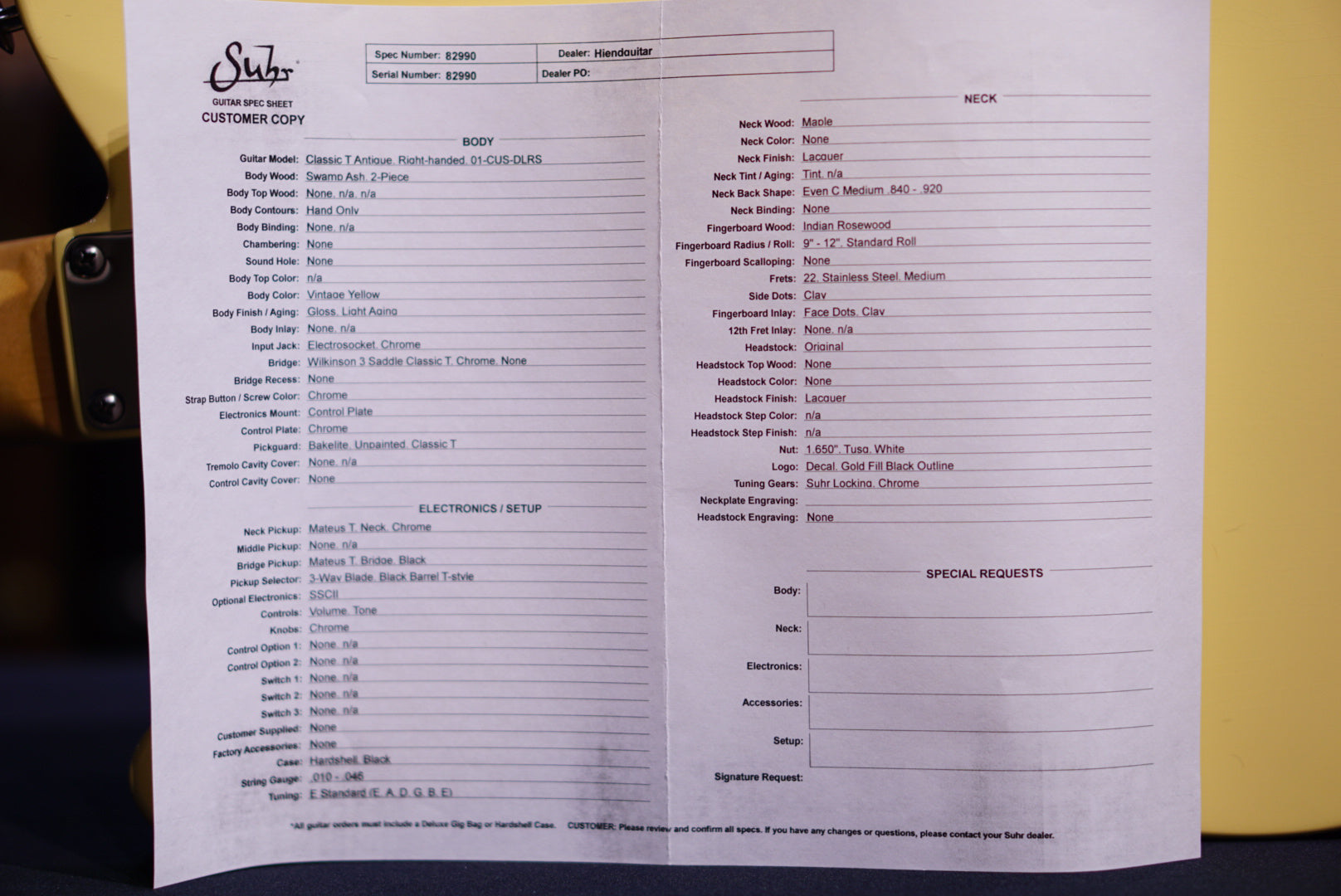 Suhr Classic T Custom Vintage Yellow 82990