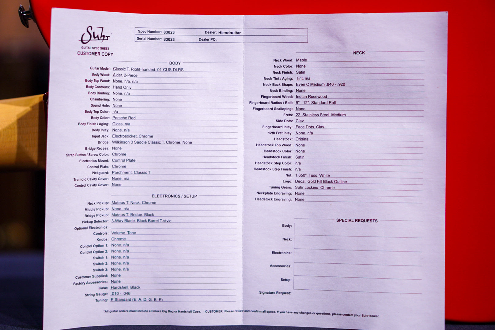 Suhr Classic T Custom Porsche Red 83023
