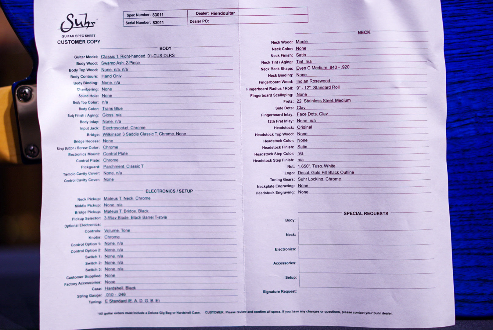 Suhr Classic T Custom Trans Blue 83011