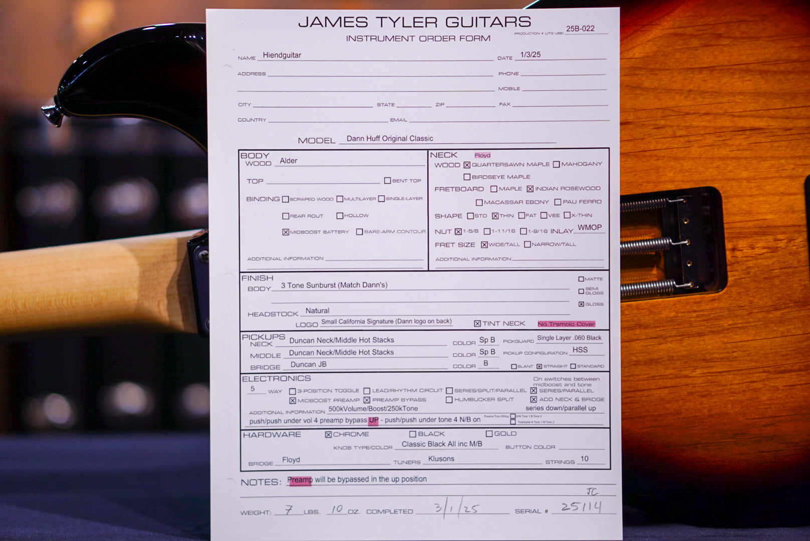 James Tyler Dann Huff Original Classic 3 tone sunburst floyd 25114