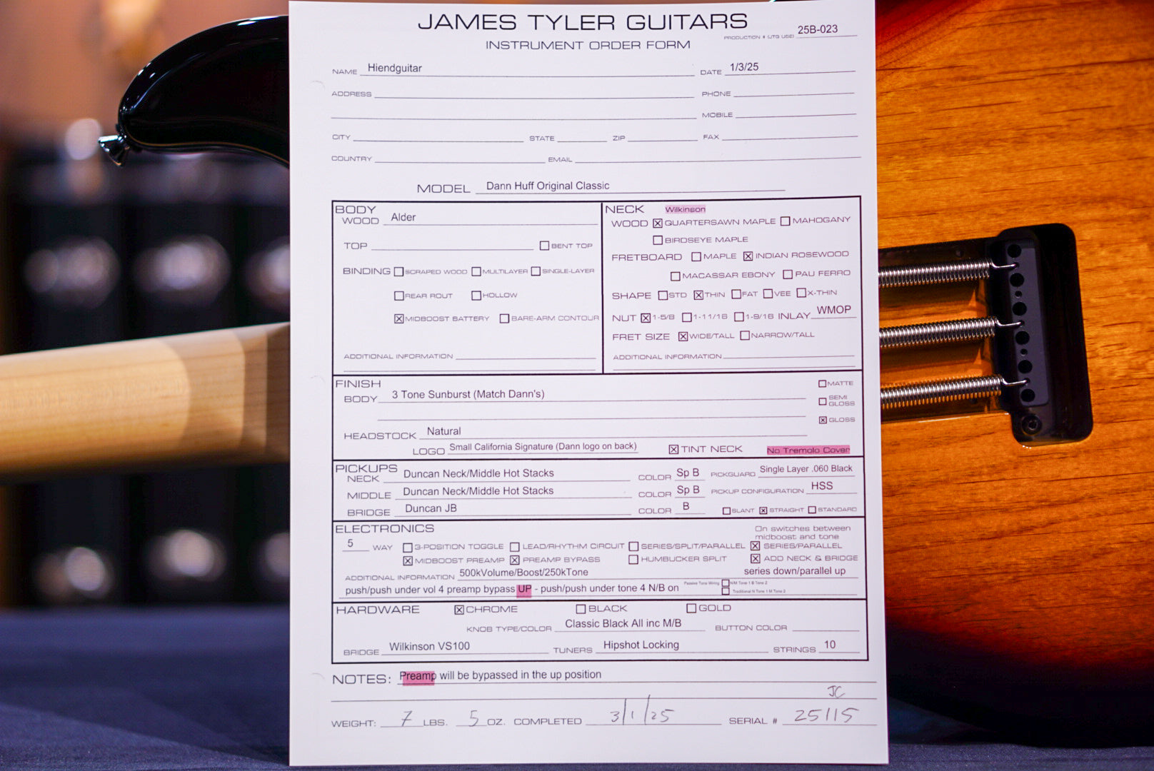 James Tyler Dann Huff Original Classic 3 tone sunburst wilkinson 25115