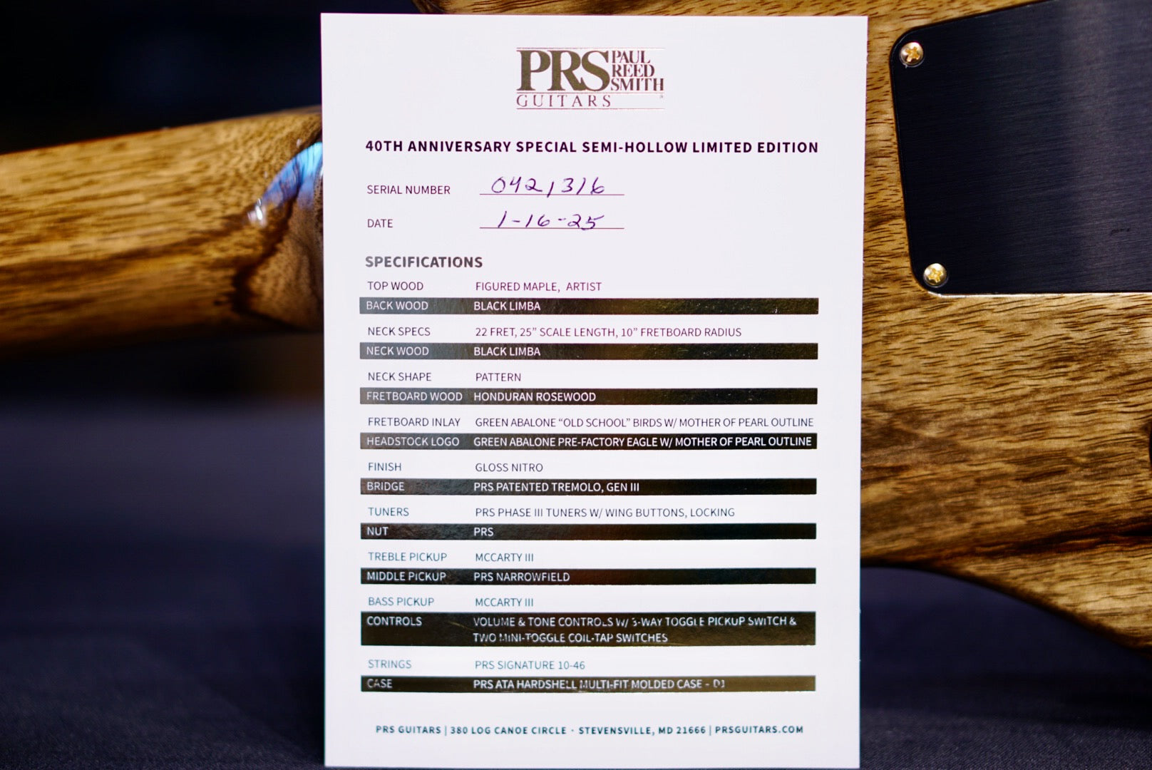 PRS 40th Anniversary Special Semi Hollow Ltd Ed Yellow Tiger 0421316
