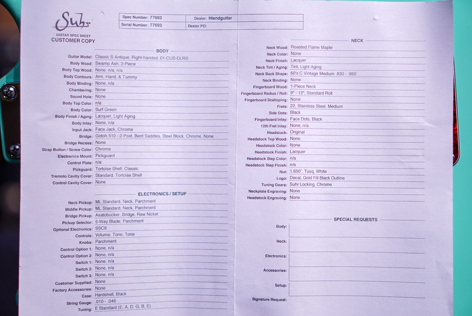 Suhr Classic custom antique surf green 77693 - HIENDGUITAR SUHR GUITAR