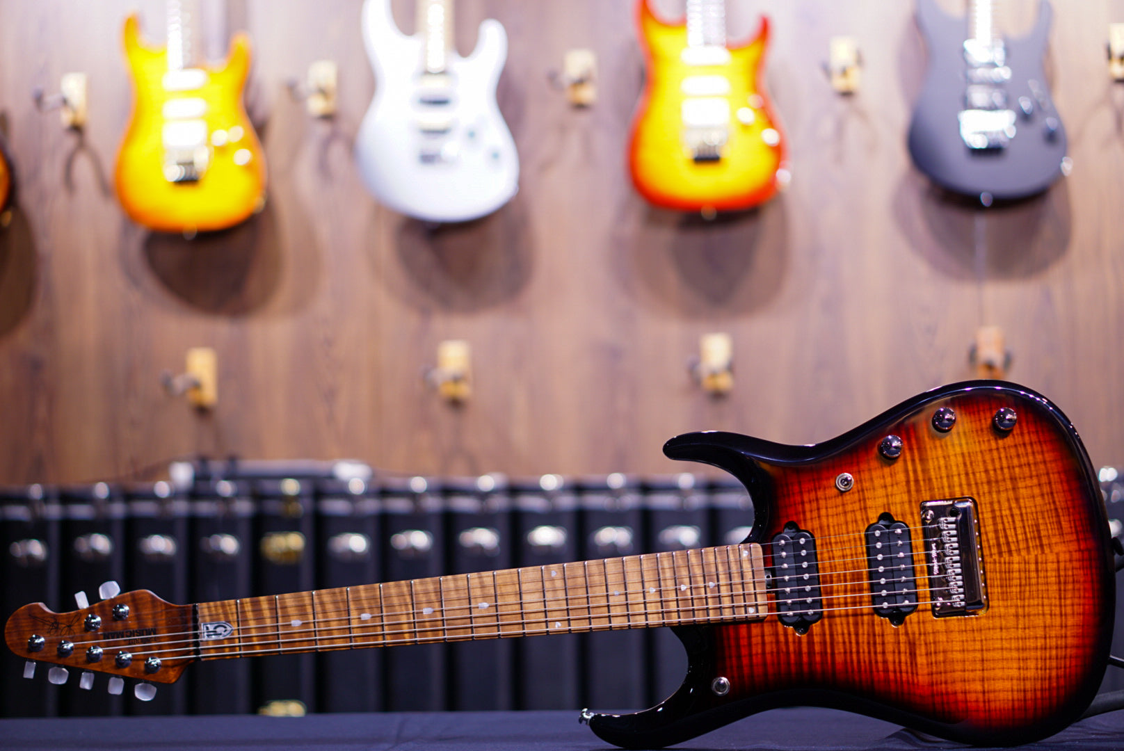 Ernieball Musicman JP15 7 string Tiger Eye Flame Top F97797 - HIENDGUITAR Musicman GUITAR