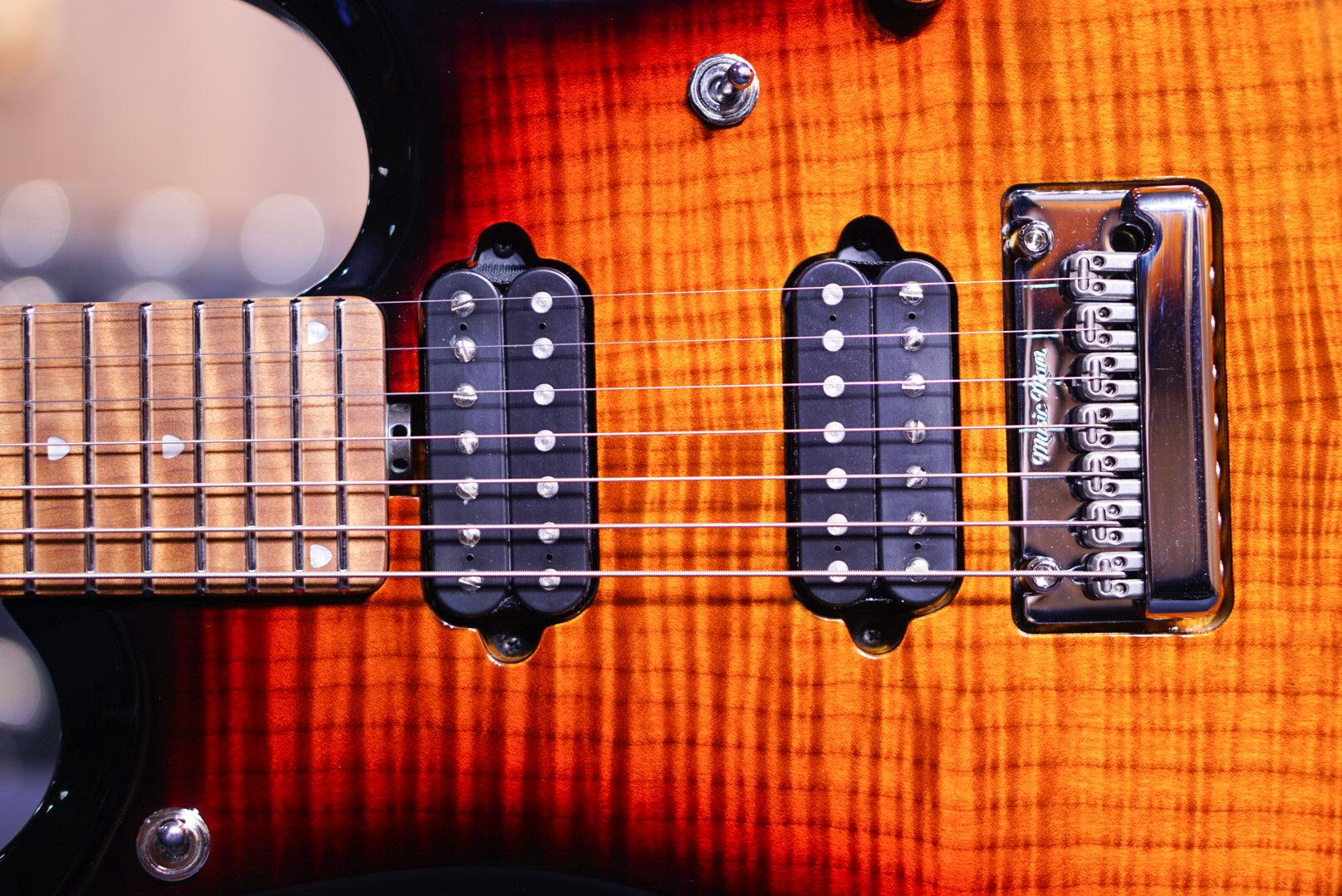 Ernieball Musicman JP15 7 string Tiger Eye Flame Top F97797 - HIENDGUITAR Musicman GUITAR