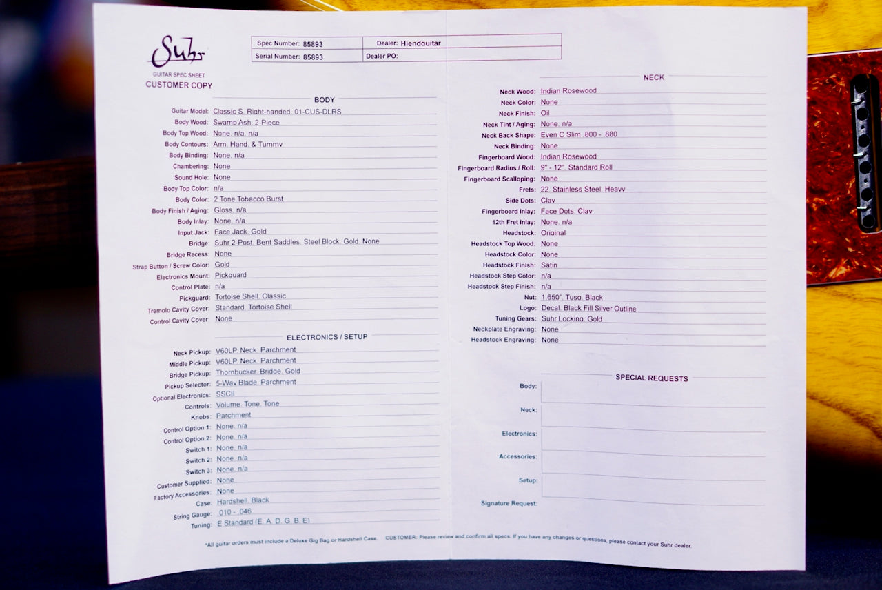Suhr Classic S Custom 2 Tone Tobacco Sunburst Rosewood Neck & Gold Package 85893