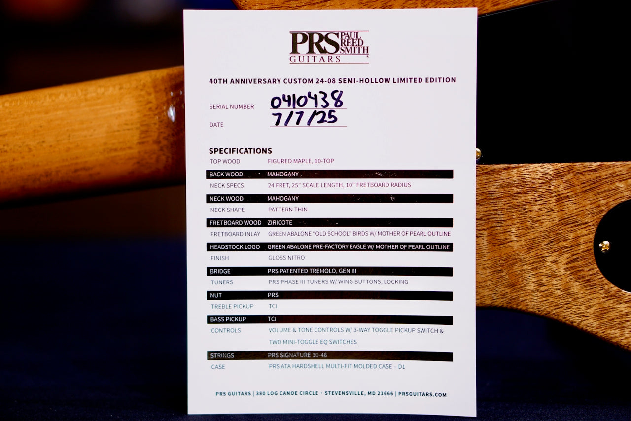 PRS 40th Anniversary Custom 24-08 Semi-Hollow Limited Edition Faded Whale Blue (Natural Back) 0410438