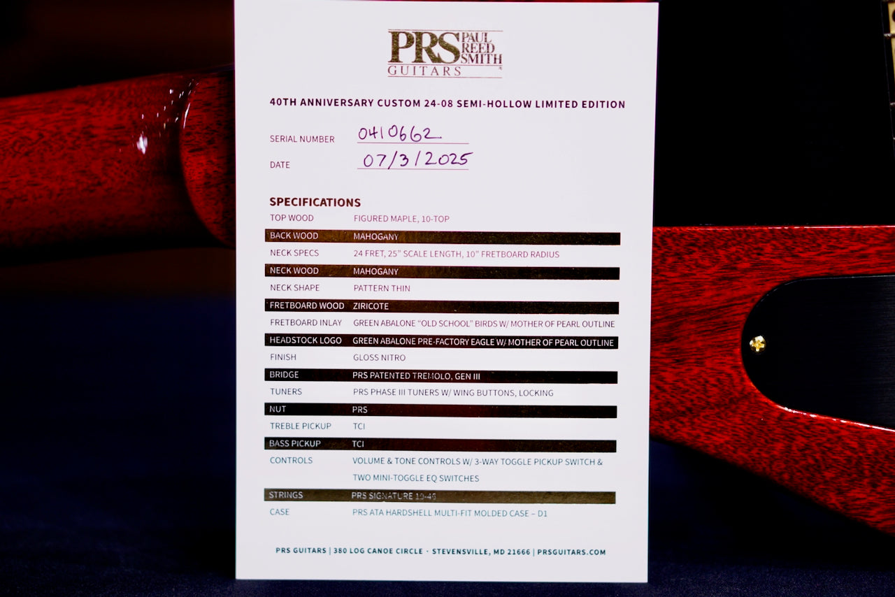 PRS 40th Anniversary Custom 24-08 Semi-Hollow Limited Edition Charcoal Cherry Burst 0410662