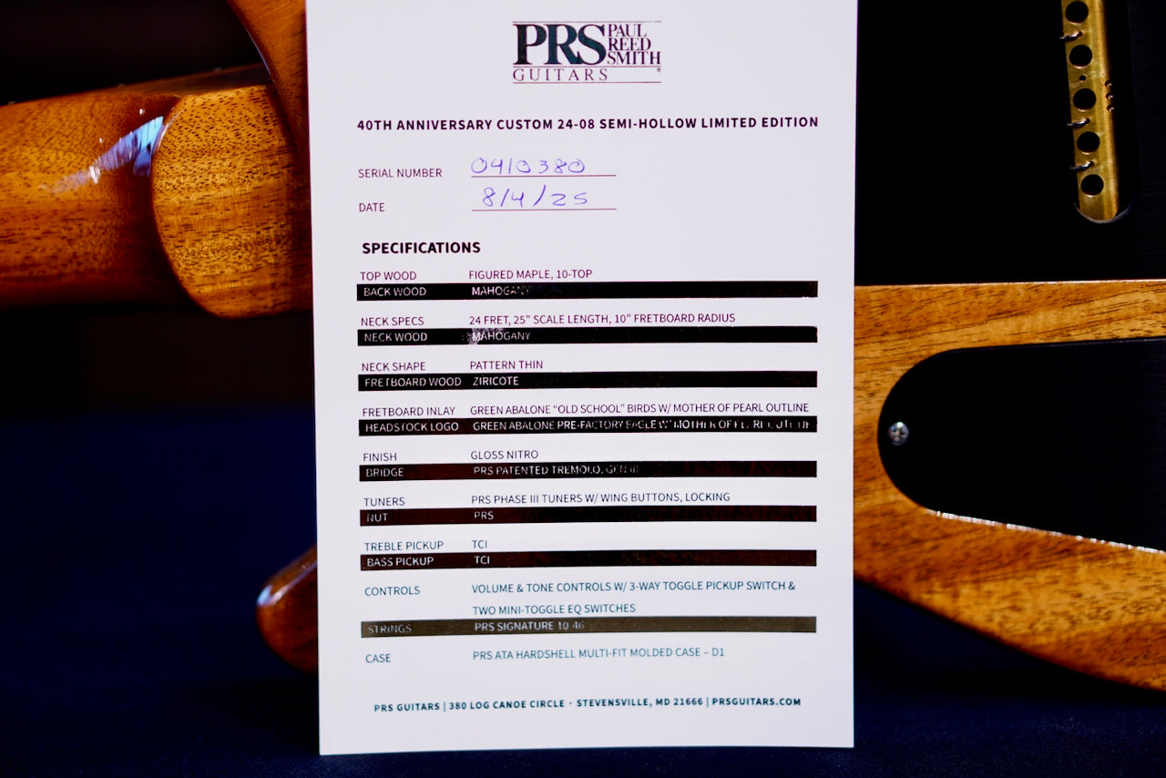 PRS 40th Anniversary Custom 24-08 Semi-Hollow Limited Edition Faded Whale Blue (Natural Back) 0410380