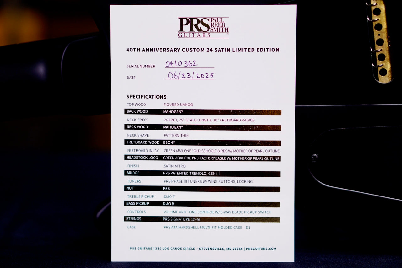 PRS 40th Anniversary Custom 24 Satin Limited Edition Charcoal Tri-Color Burst 0410362