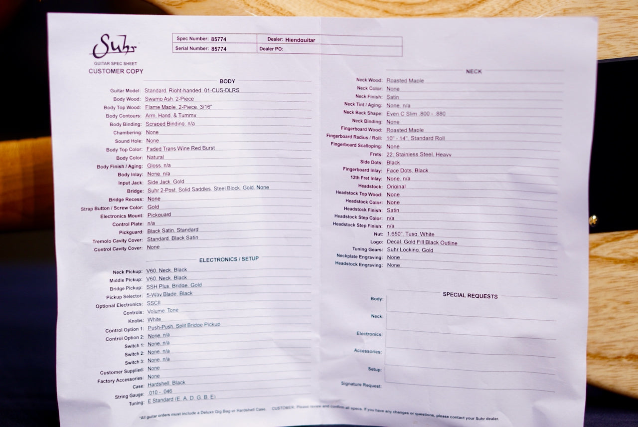 Suhr Standard Custom Faded Trans Wine Red Burst 85774