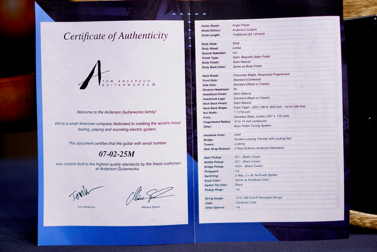 Tom Anderson Angel Player * 07-02-25M * Black Limba Satin Natural