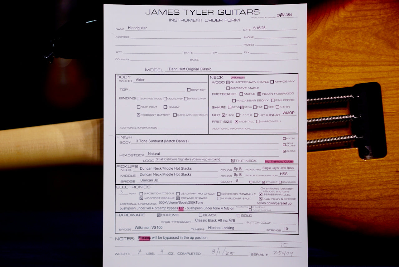 James Tyler Dann Huff Original Classic 3 tone sunburst wilkinson 25449