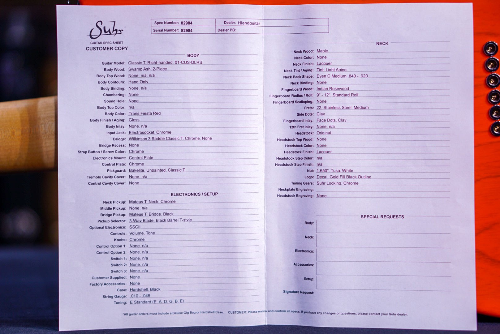Suhr Classic T Custom Antique Trans Fiesta Red 82984