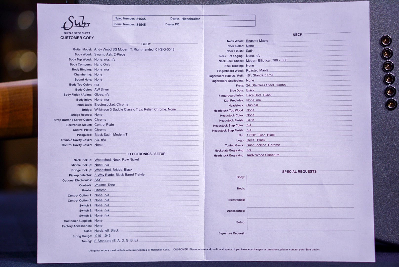 Suhr Andy Wood Signature Modern T ‘AW’ Silver Wilkinson 3-Saddle 81545