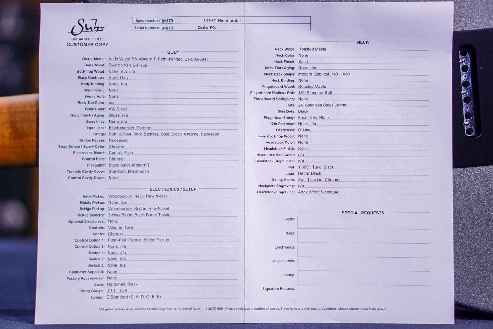 Suhr Andy Wood Signature Modern T ‘AW’ Silver Wilkinson 510 Trem 81870