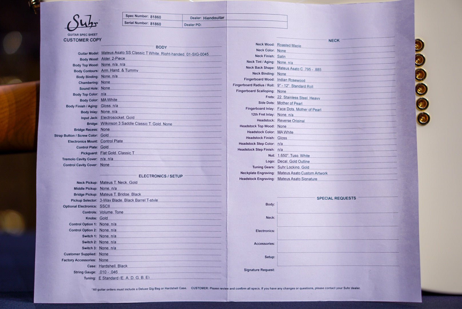 Suhr Mateus Asato Signature Classic T in ‘M.A.’ White M.A.T 81860