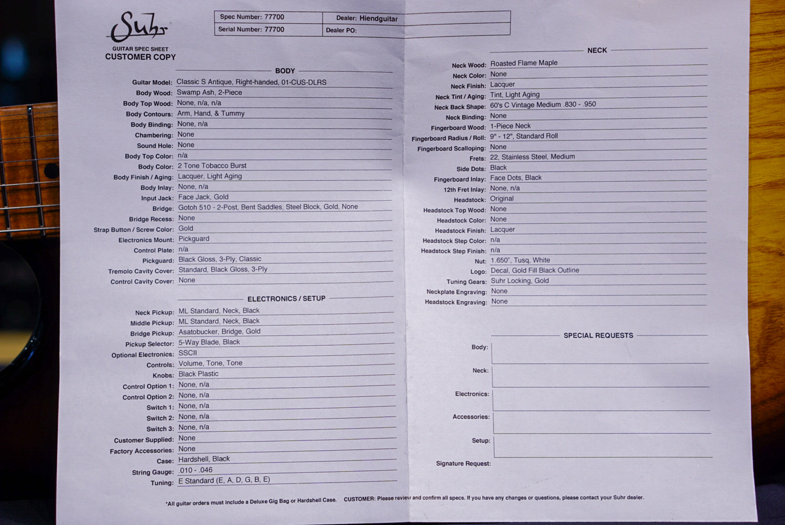 Suhr Classic custom 2 tone tobacco burst gold package 77700 - HIENDGUITAR SUHR GUITAR