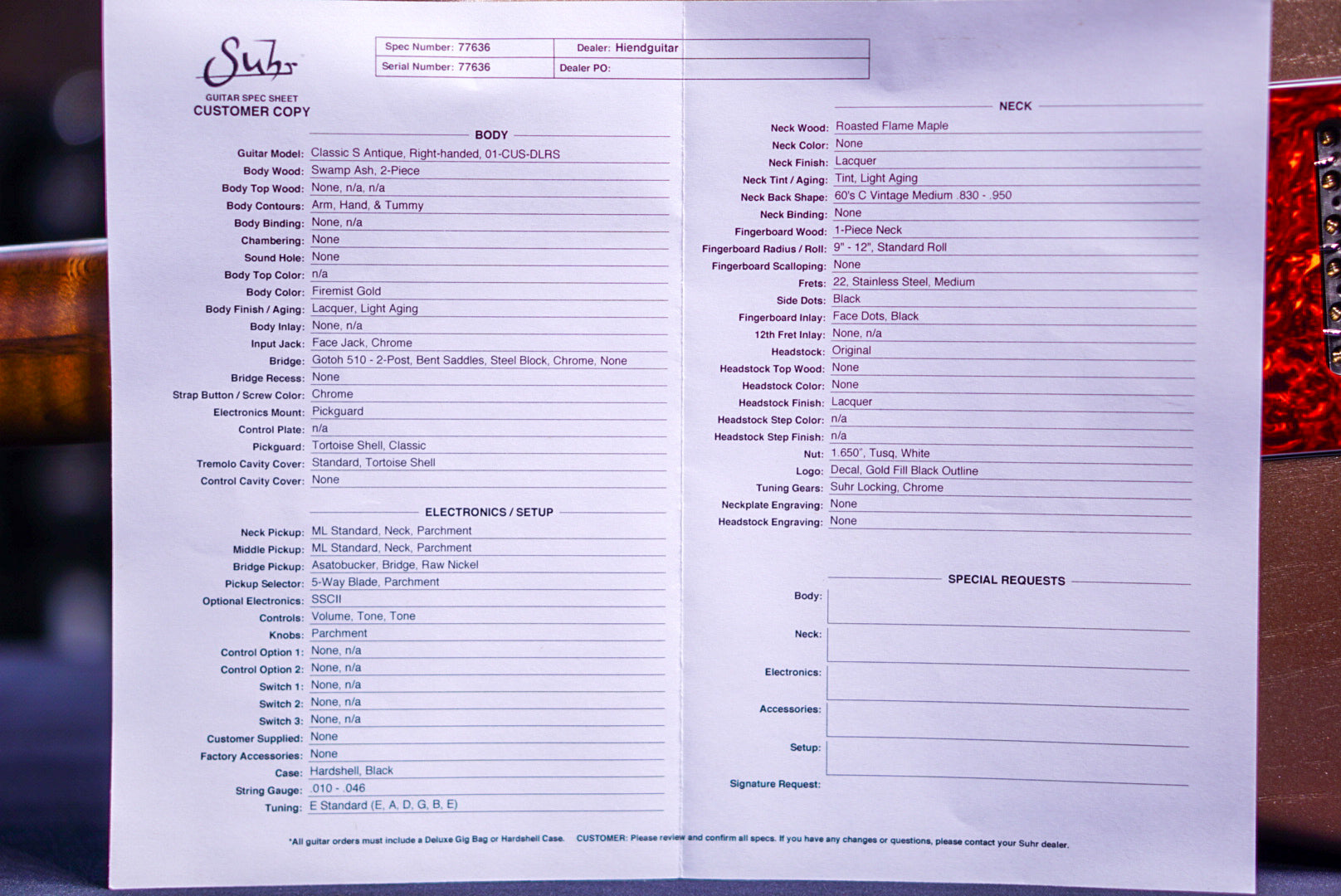 Suhr Classic custom antique firemist gold 77636 - HIENDGUITAR SUHR GUITAR