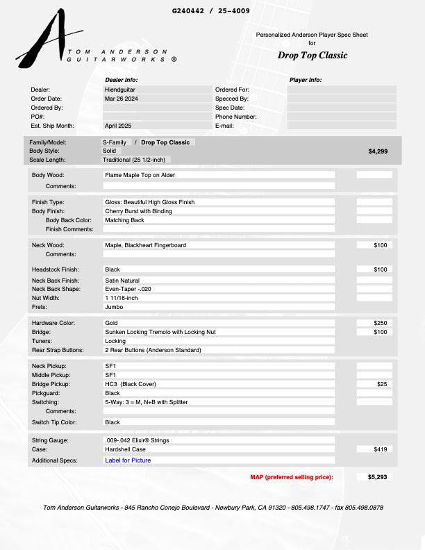 Tom Anderson Drop Top Classic * 04-21-25P * Cherry Burst