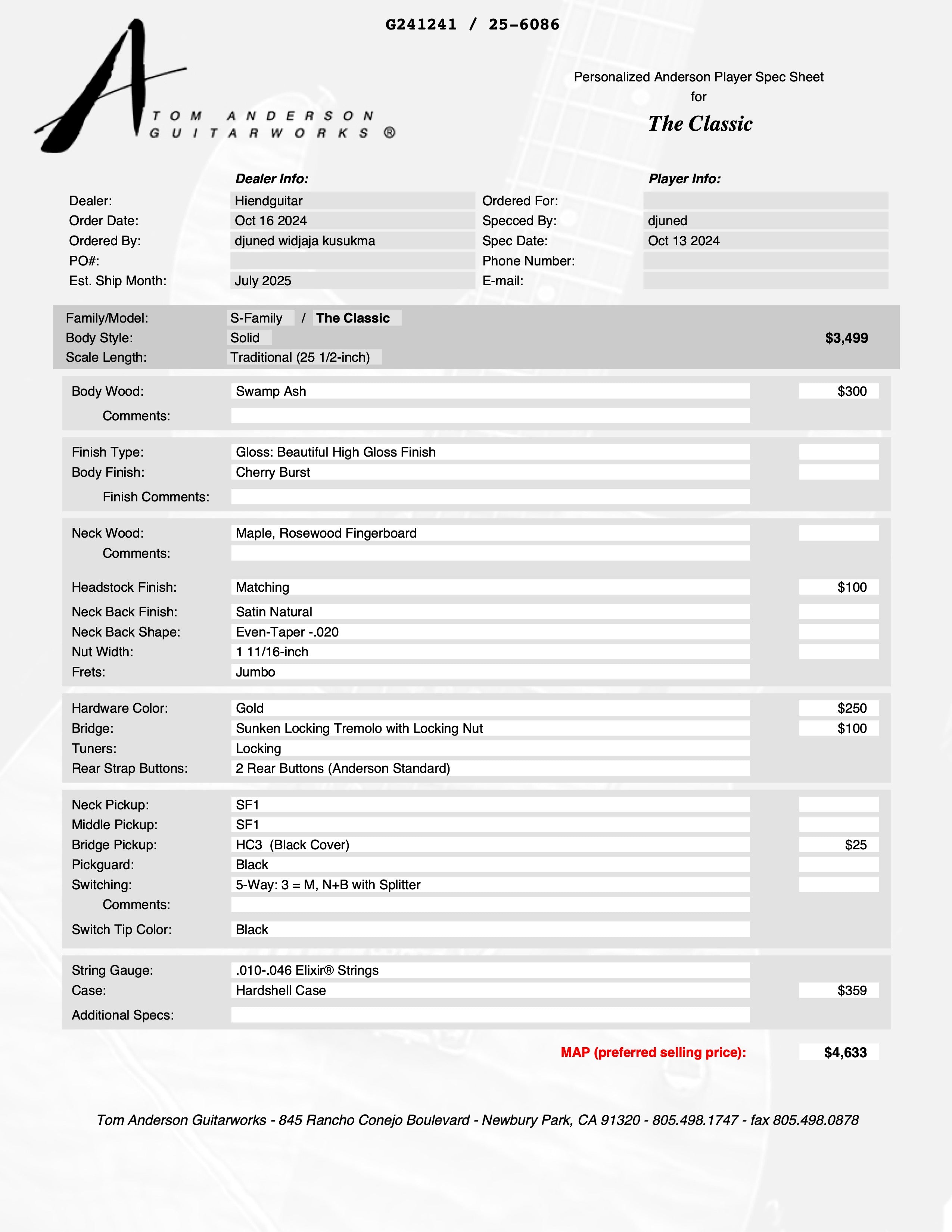 Tom Anderson The Classic Cherry Burst * 02-10-26P *