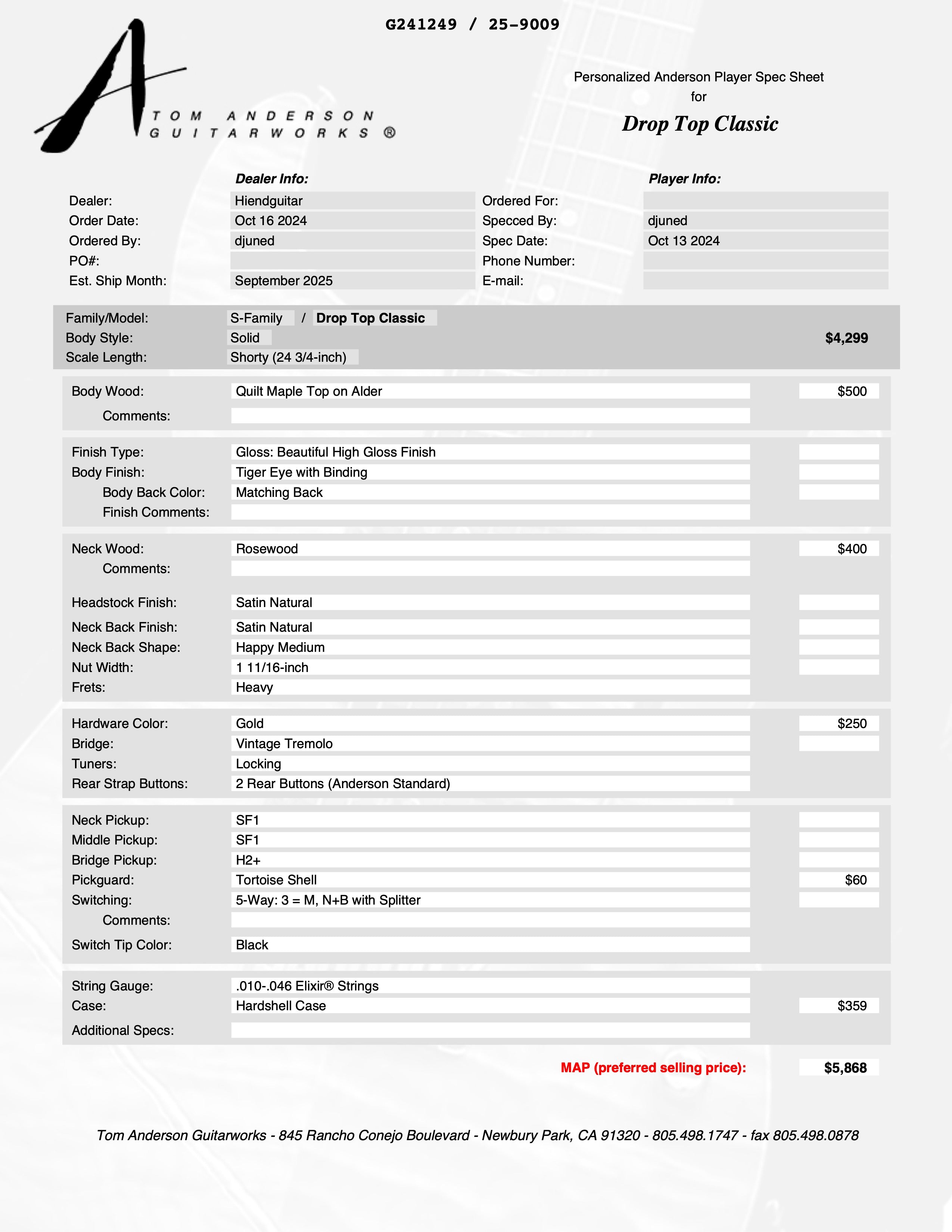 Tom Anderson Drop Top Classic Shorty Tiger Eye * 02-13-26N *