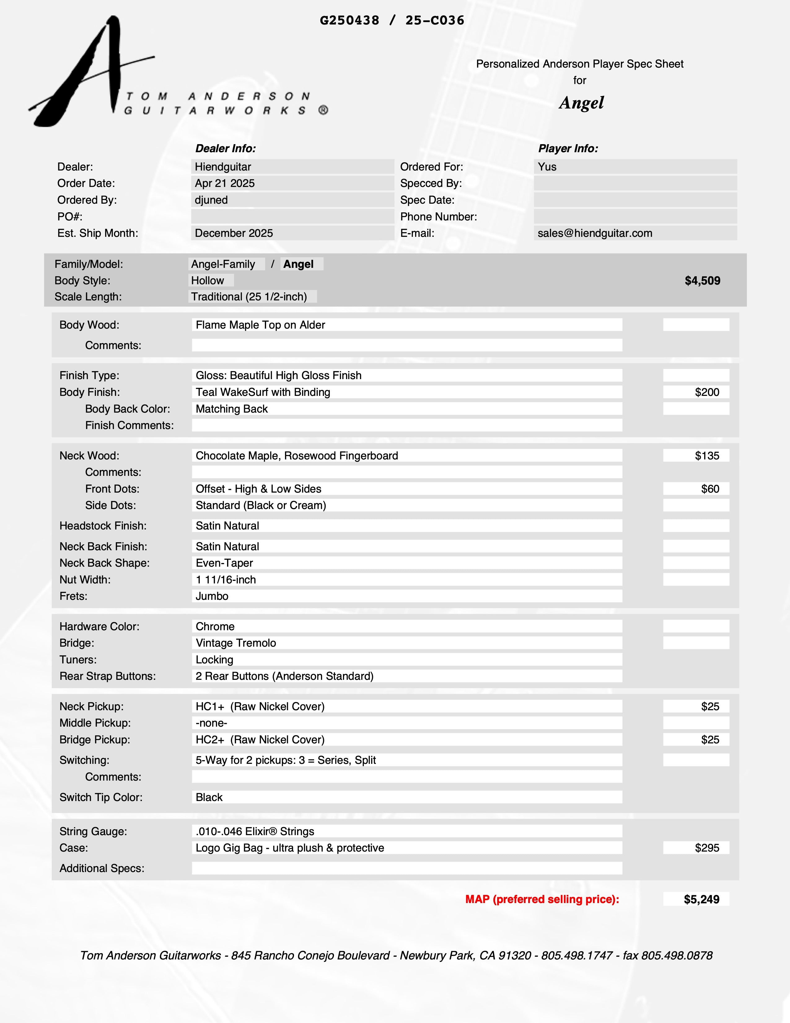 Tom Anderson Angel Hollow Teal WakeSurf * 01-18-26P *