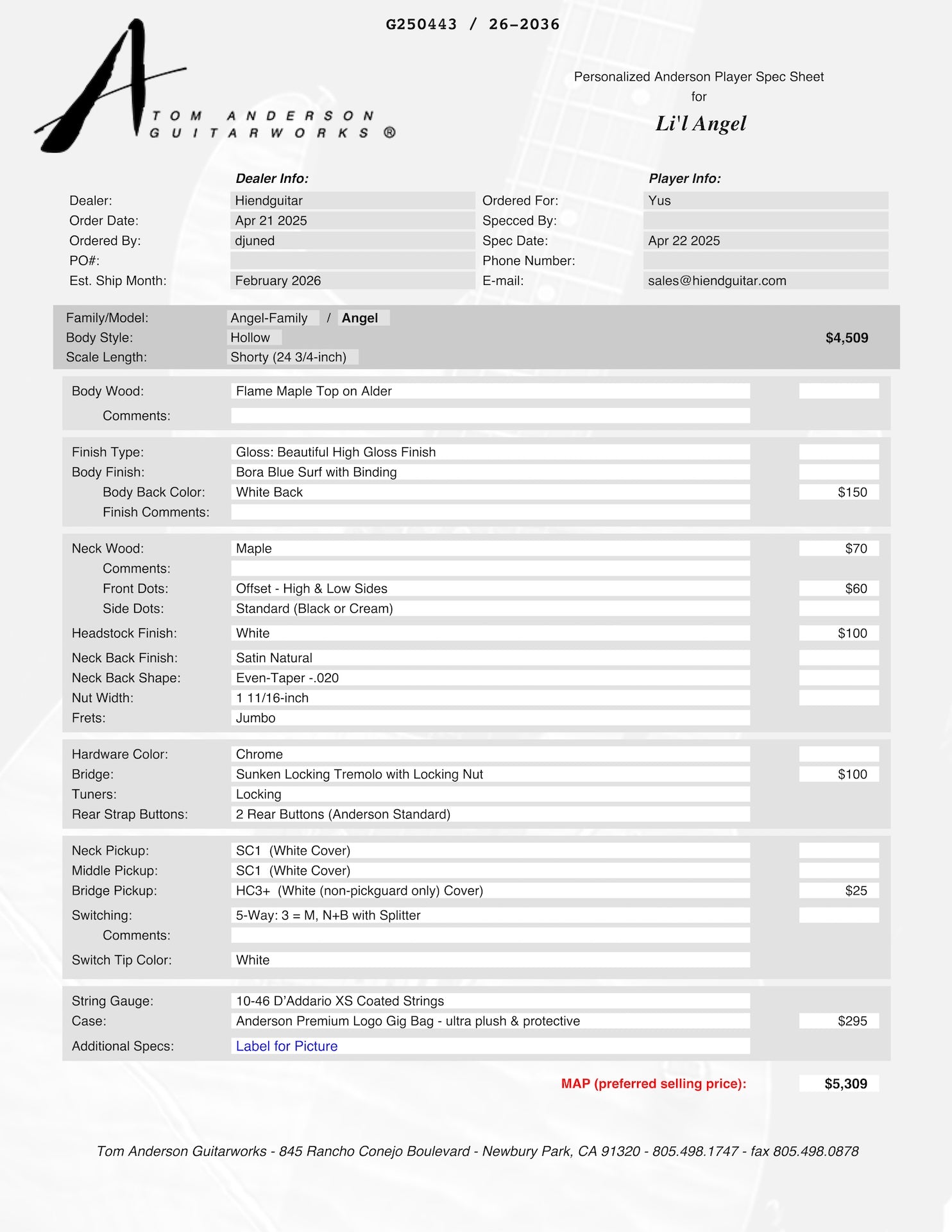 Tom Anderson Li'l Angel Hollow Bora Blue Surf * 02-28-26N *