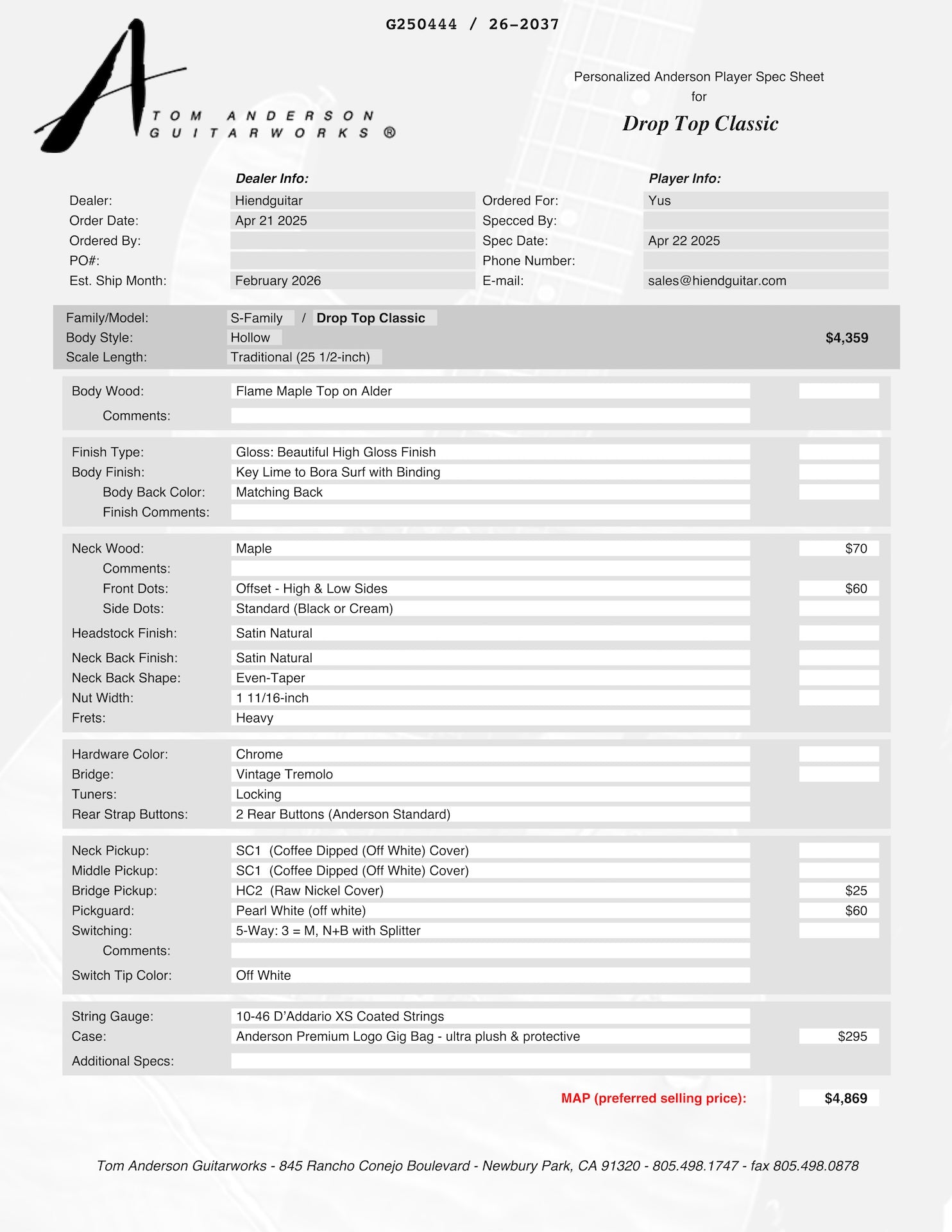 Tom Anderson Drop Top Classic Hollow Key Lime to Bora Surf * 02-23-26A *