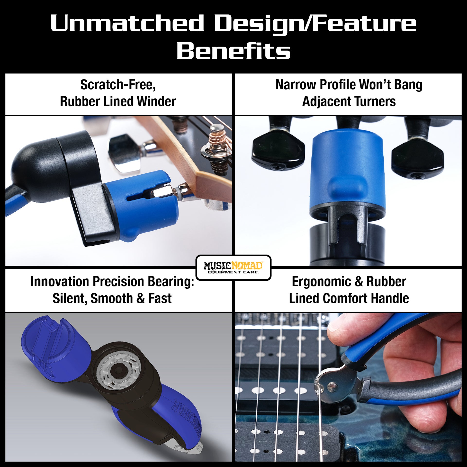 MusicNomad GRIP ONE - String Winder, String Cutter, Bridge Pin Puller- Guitar Tool for Acoustic, Electric & Bass Guitar (MN223) - HIENDGUITAR musicnomad musicnomad