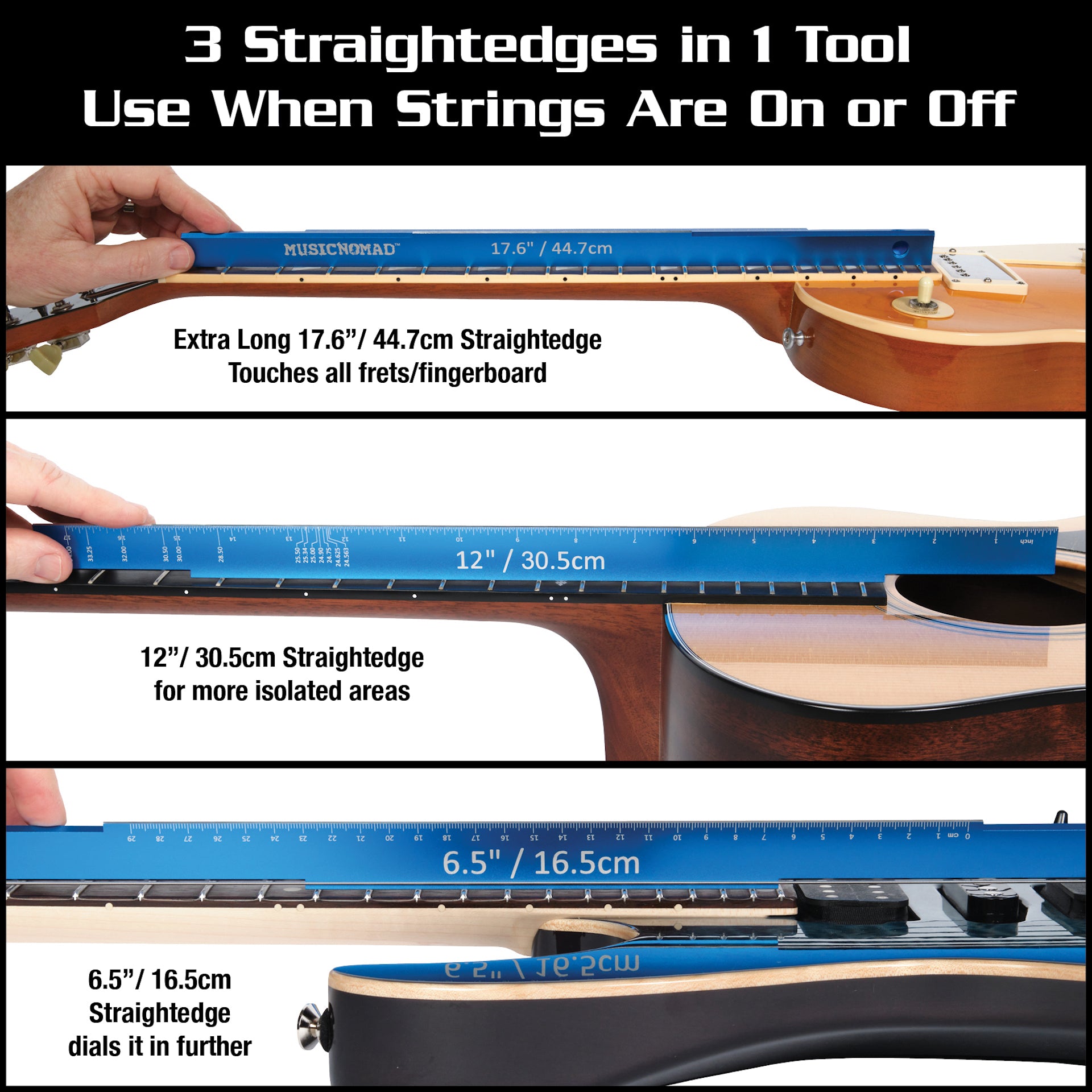 MusicNomad Tri-Beam 3 'n 1 Straightedge, plus SAE/Metric Ruler & Scale Length Ruler for Acoustic & Electric Guitars (MN820) - HIENDGUITAR musicnomad musicnomad