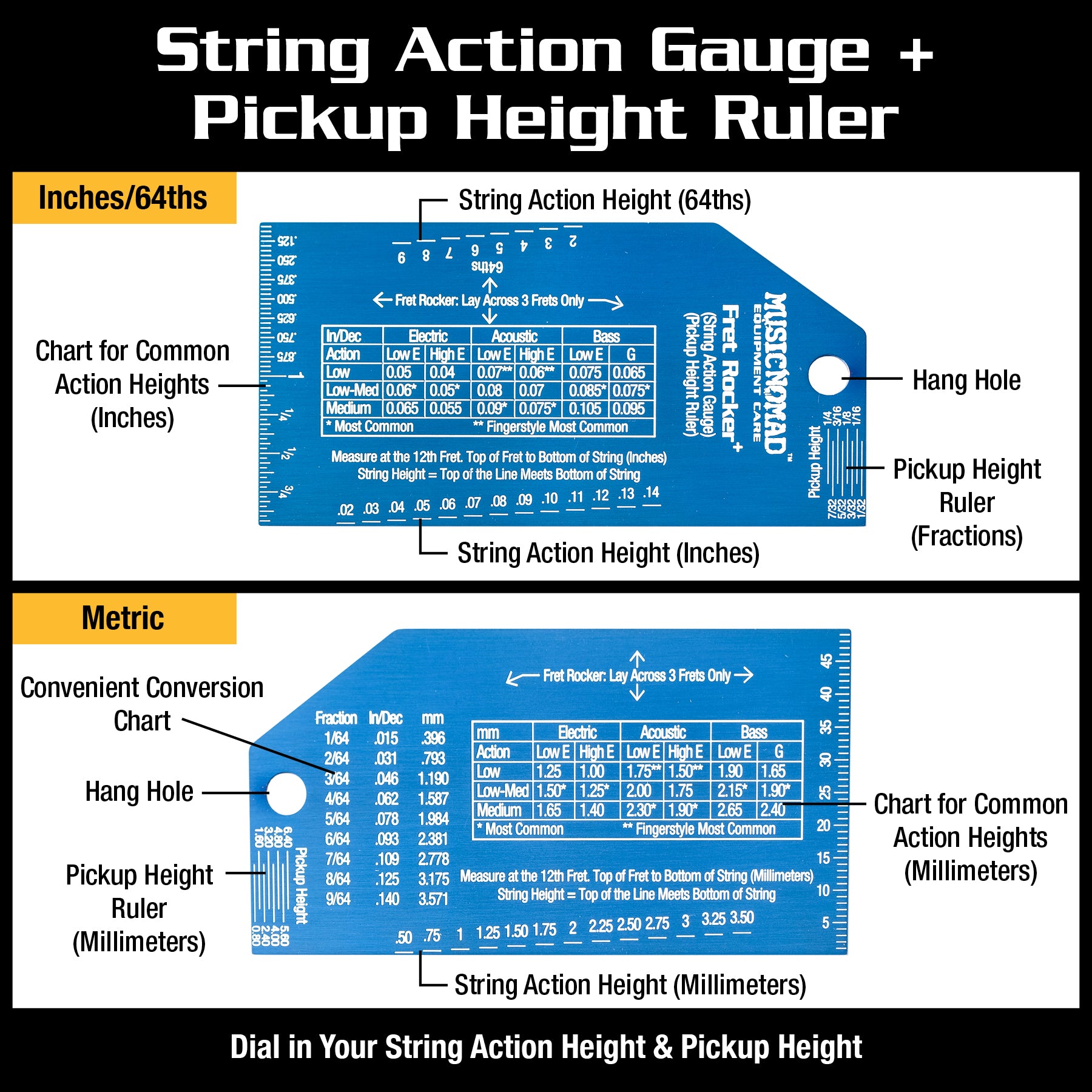 MusicNomad Precision Fret Rocker+ (String Action Gauge and Pickup Height Ruler) MN822