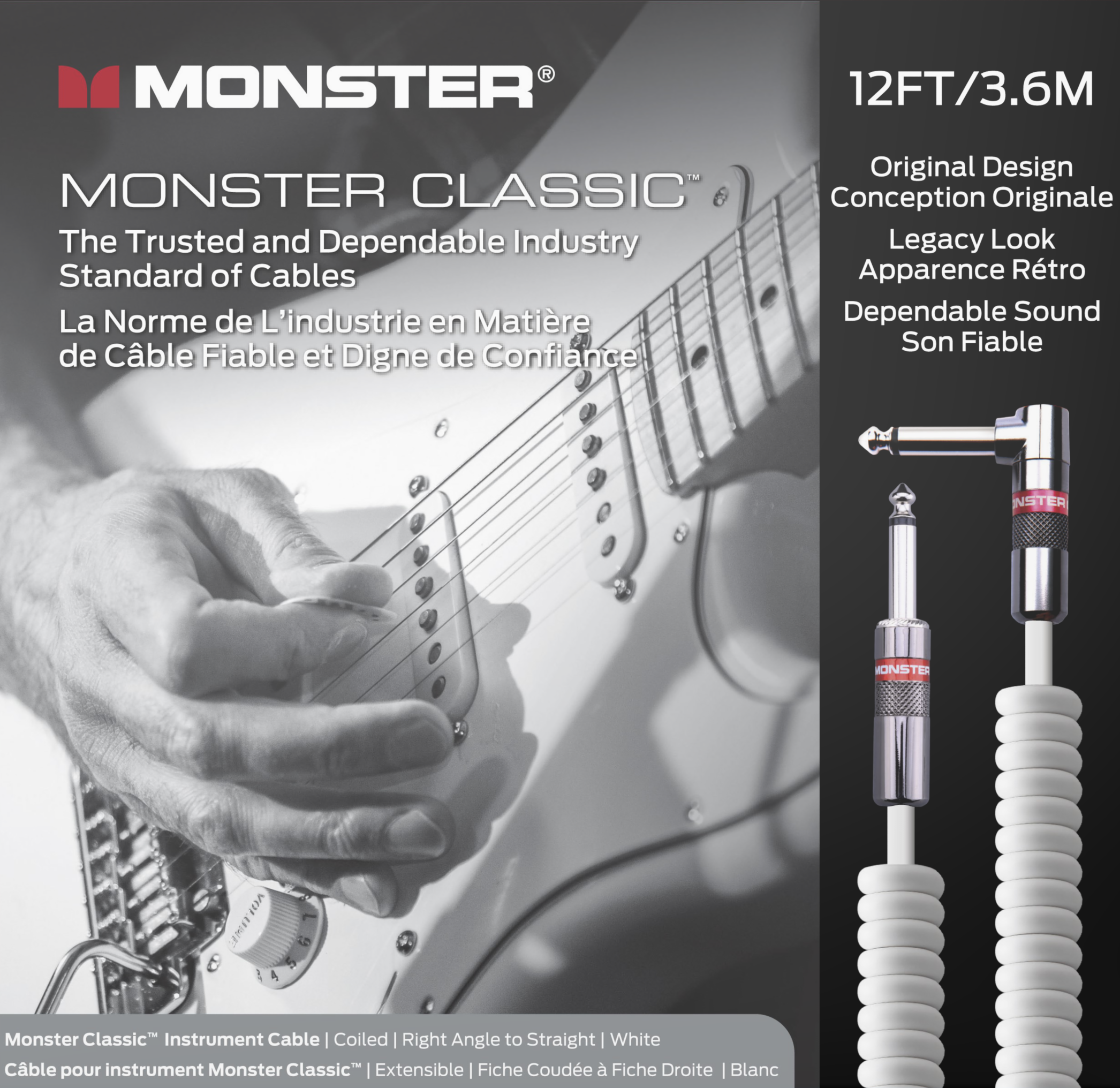 Monster® Prolink Classic™ Instrument Cable Monstercable Coiled 12ft(3.6m) / Straight-Angle - HIENDGUITAR.COM