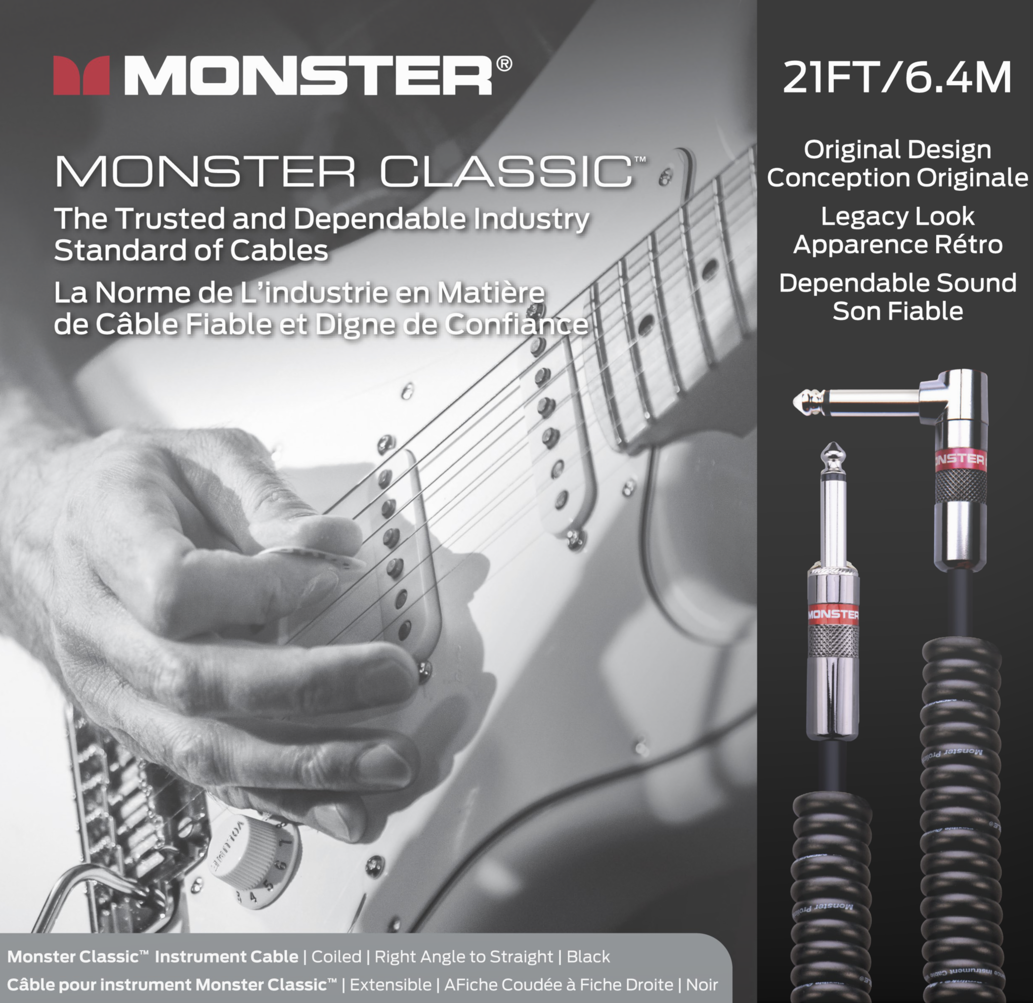 Monster® Prolink Classic™ Instrument Cable Monstercable Coiled 21ft(6.4m) / Straight-Angle - HIENDGUITAR.COM