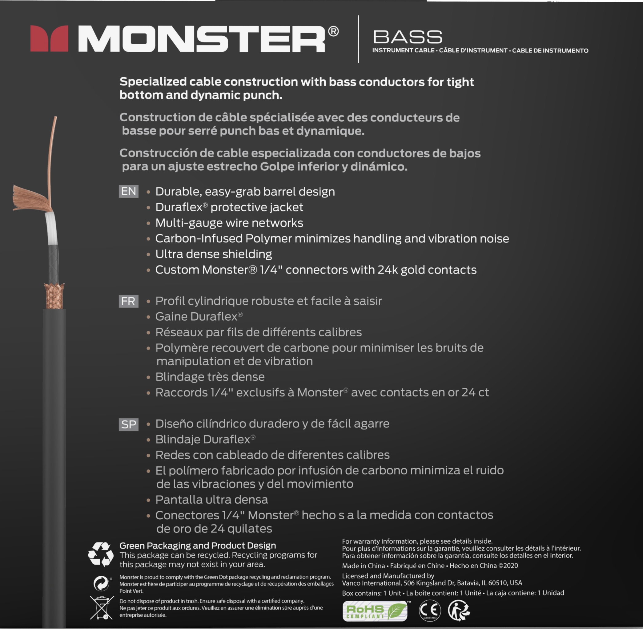 Monster® Prolink Bass® Instrument Cable - HIENDGUITAR Monstercable Cable