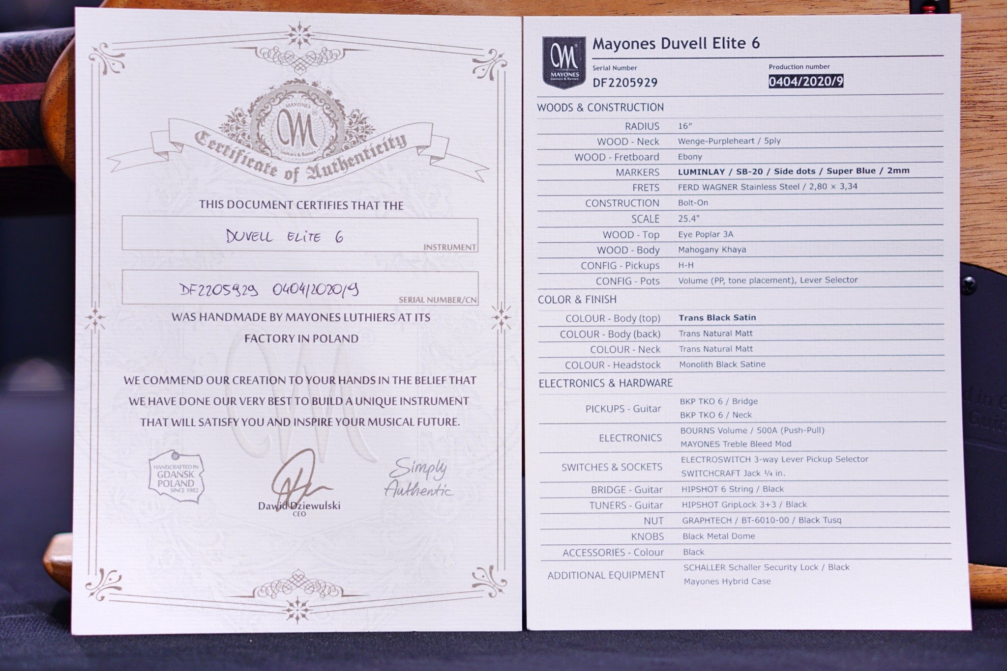 Mayones Duvell Elite 6 Trans black satine DF2205929 - HIENDGUITAR Mayones GUITAR