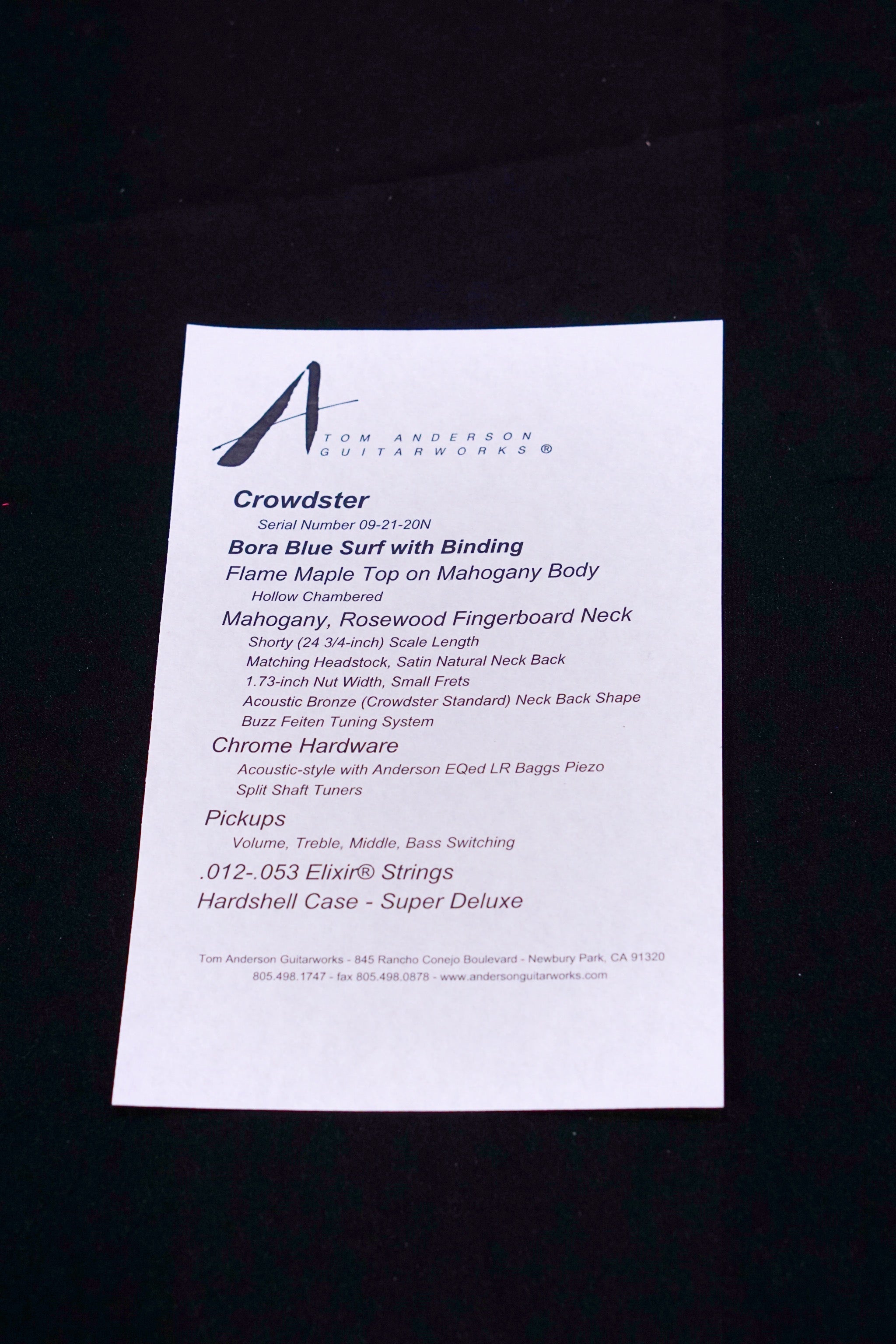 Tom Anderson Crowdster Bora Blue Surf with Binding 09-21-20N - HIENDGUITAR Anderson GUITAR