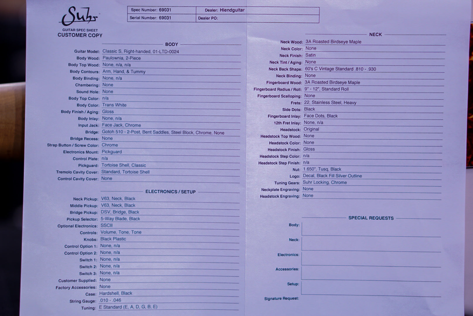 Suhr Classic S Paulownia Trans White 69031 - HIENDGUITAR SUHR GUITAR