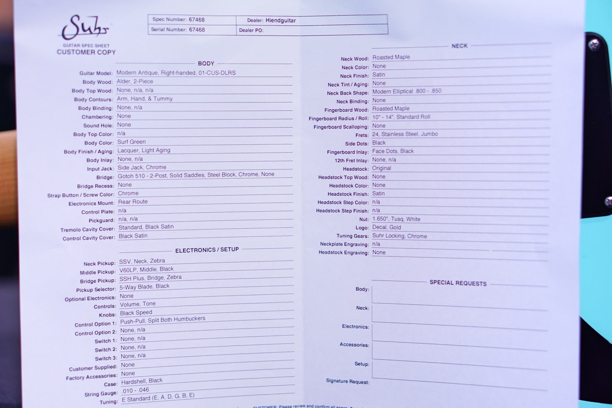 Suhr Modern antique surf green Hiend spec 67468 - HIENDGUITAR SUHR GUITAR