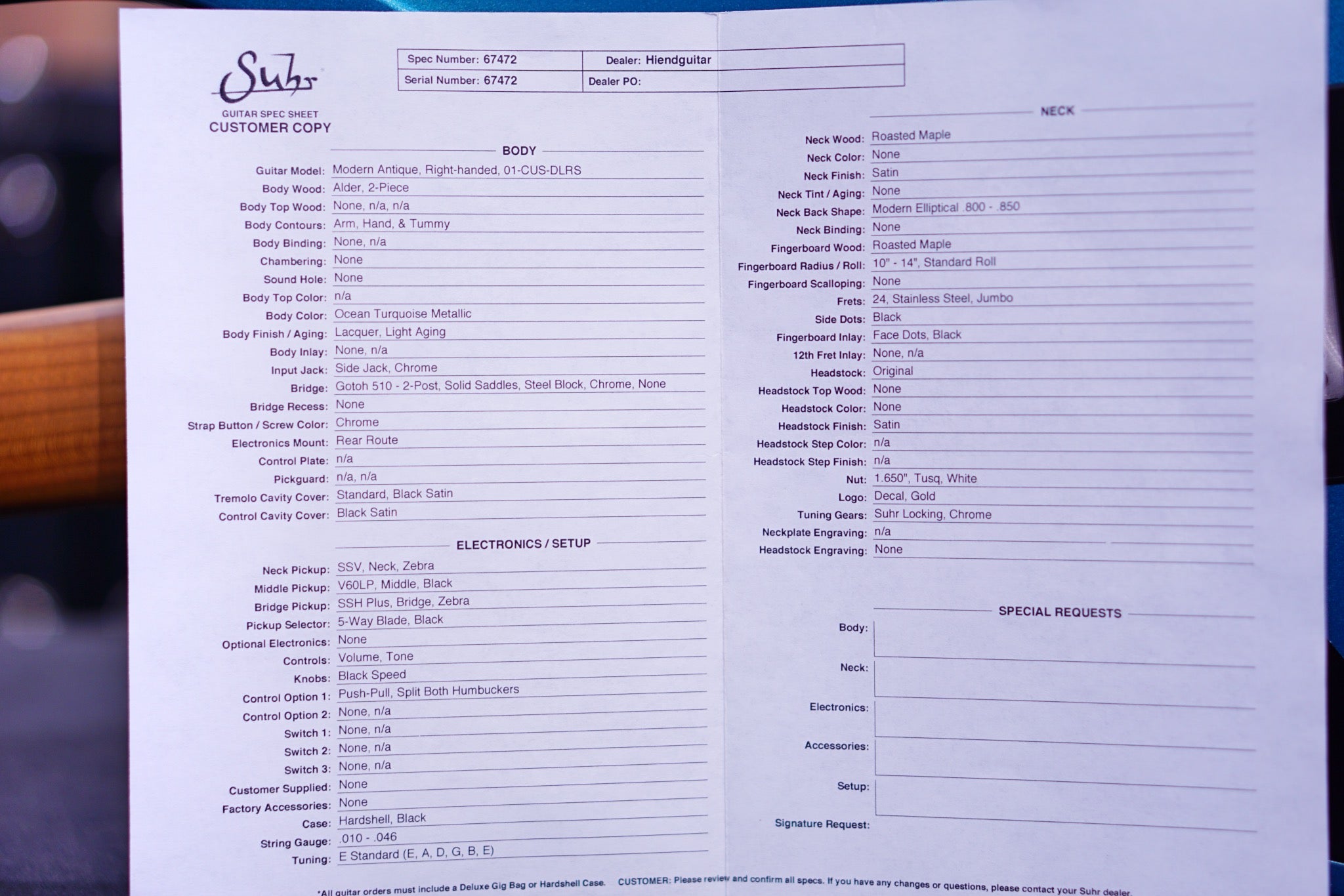 Suhr Modern antique ocean turquoise Hiend spec - HIENDGUITAR SUHR GUITAR