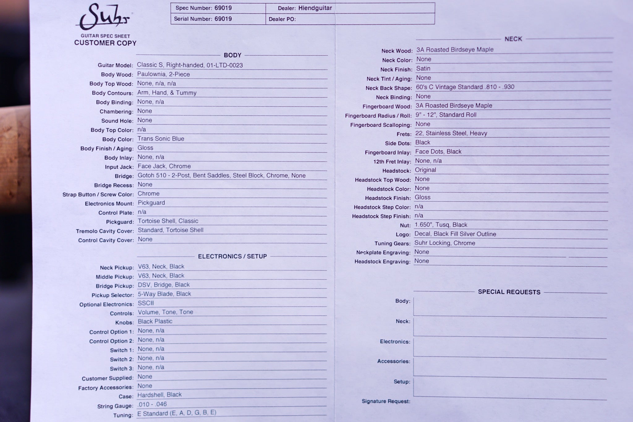 Suhr Classic S Paulownia Trans sonic blue 69019 - HIENDGUITAR SUHR GUITAR