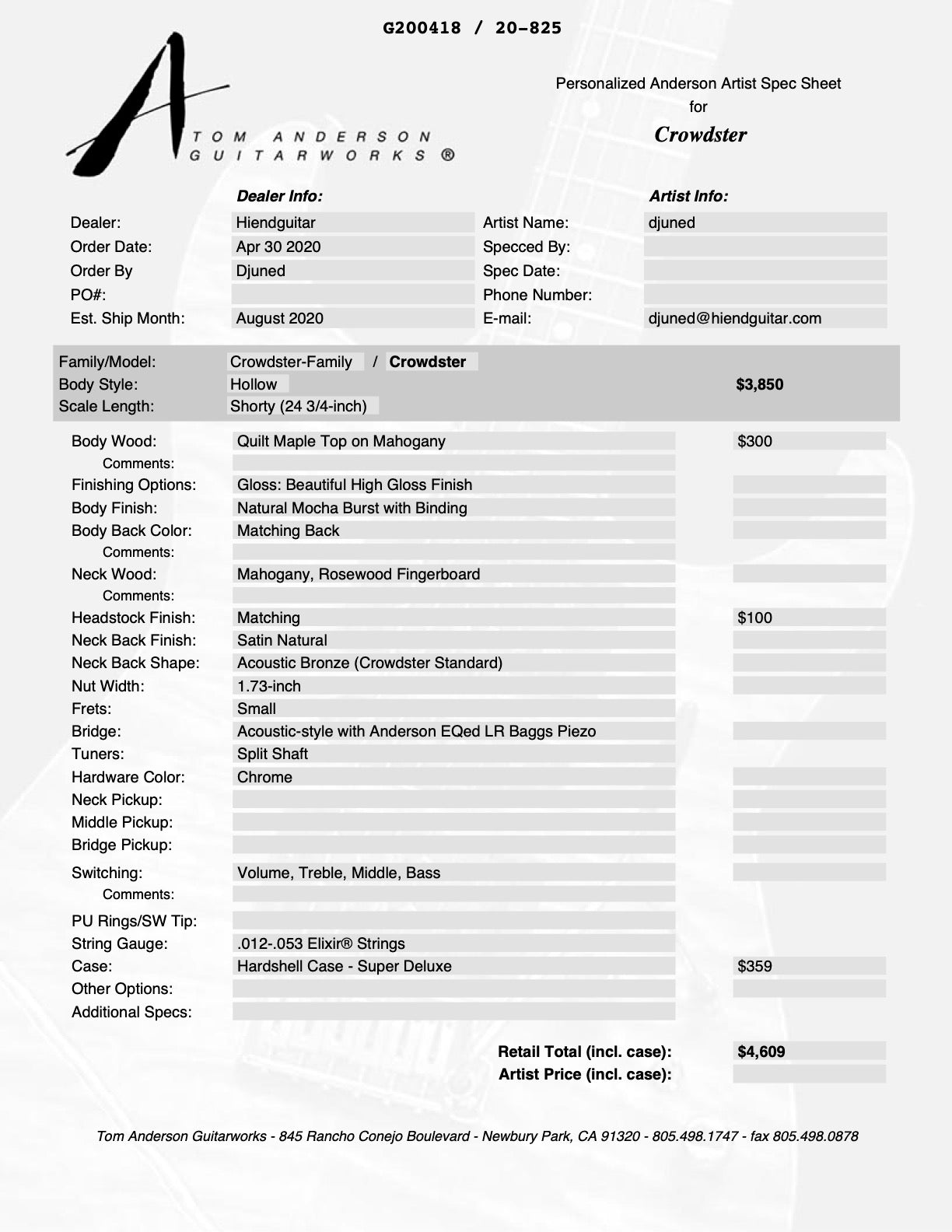 Tom Anderson Crowdster Natural Mocha Burst with Binding 10-06-20N - HIENDGUITAR Anderson GUITAR