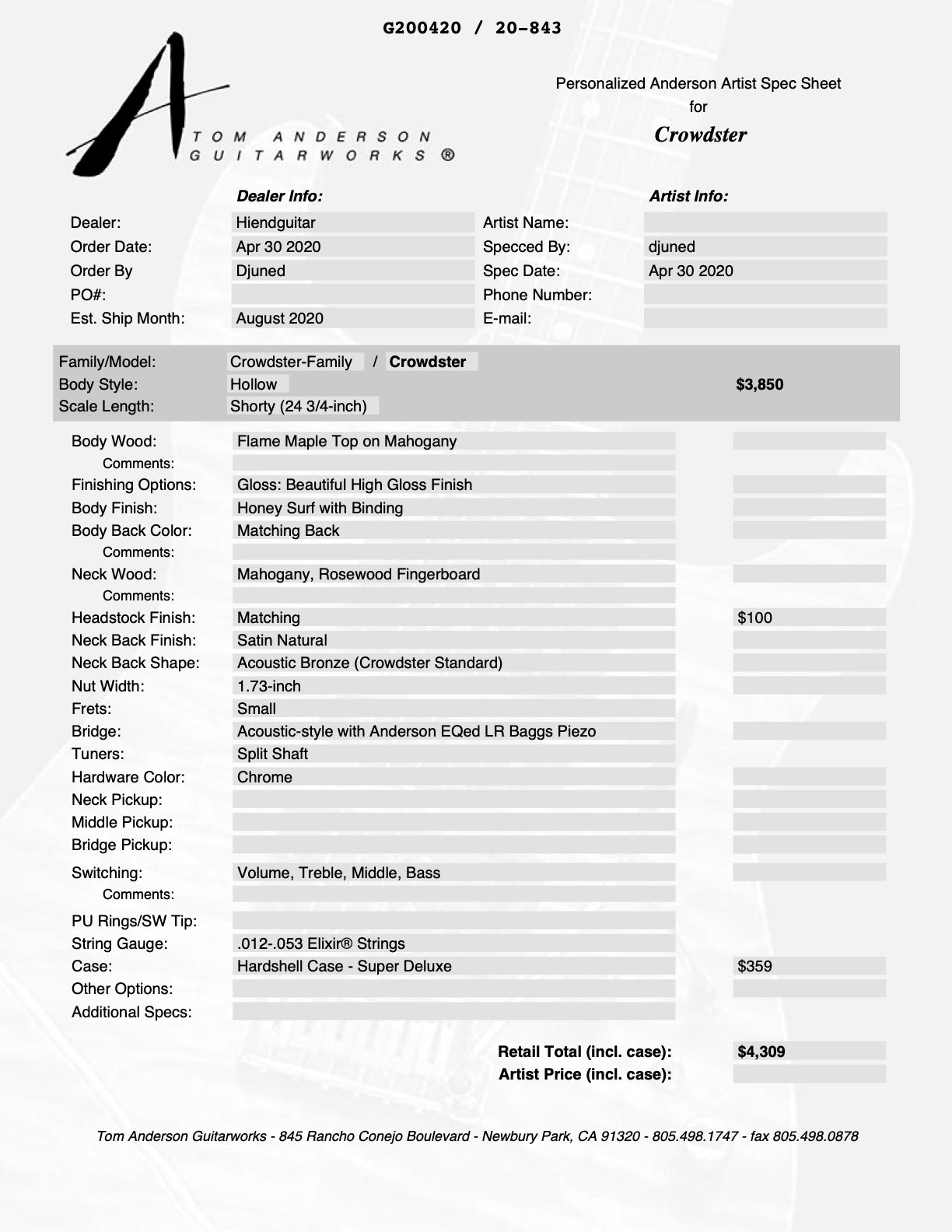 Tom Anderson Crowdster Honey Surf with Binding 09-19-20A - HIENDGUITAR Anderson GUITAR