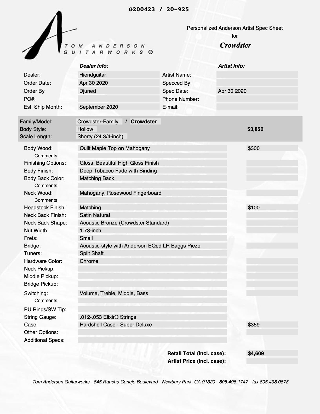 Tom Anderson Crowdster Deep Tobacco Fade with Binding 10-15-20P - HIENDGUITAR Anderson GUITAR