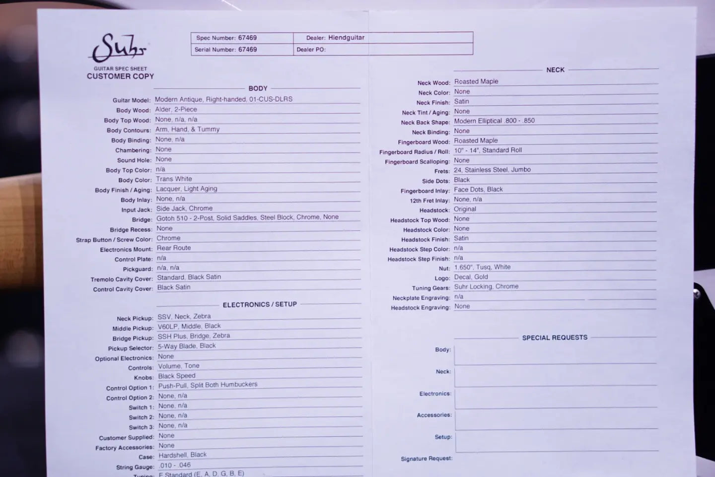 Suhr Modern antique trans white Hiend spec 67469 - HIENDGUITAR SUHR GUITAR
