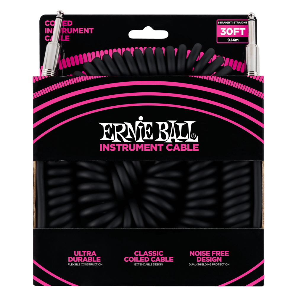 Ernie Ball 30' Coiled Straight / Straight Instrument Cable - Black - HIENDGUITAR Ernieball Cables