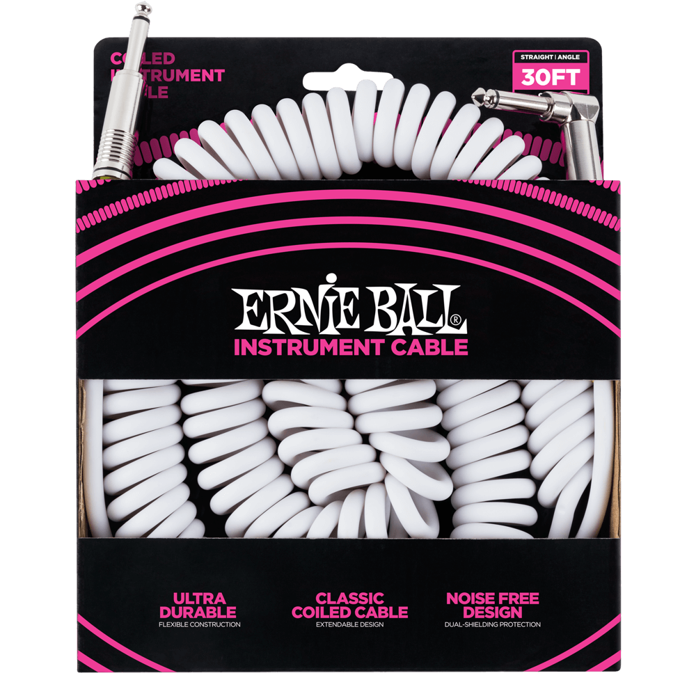 Ernie Ball 30' Coiled Straight / Angle Instrument Cable - White - HIENDGUITAR   Ernieball Cables