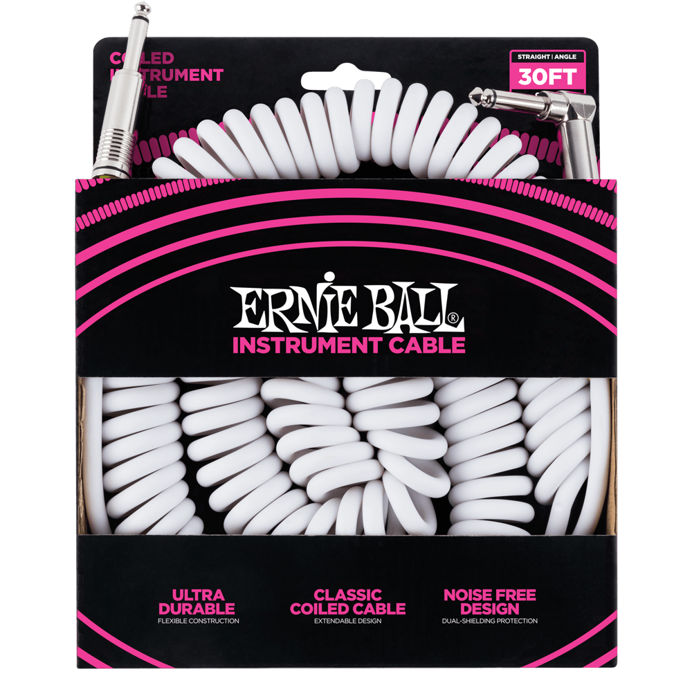 Ernie Ball 30' Coiled Straight / Angle Instrument Cable - White - HIENDGUITAR Ernieball Cables